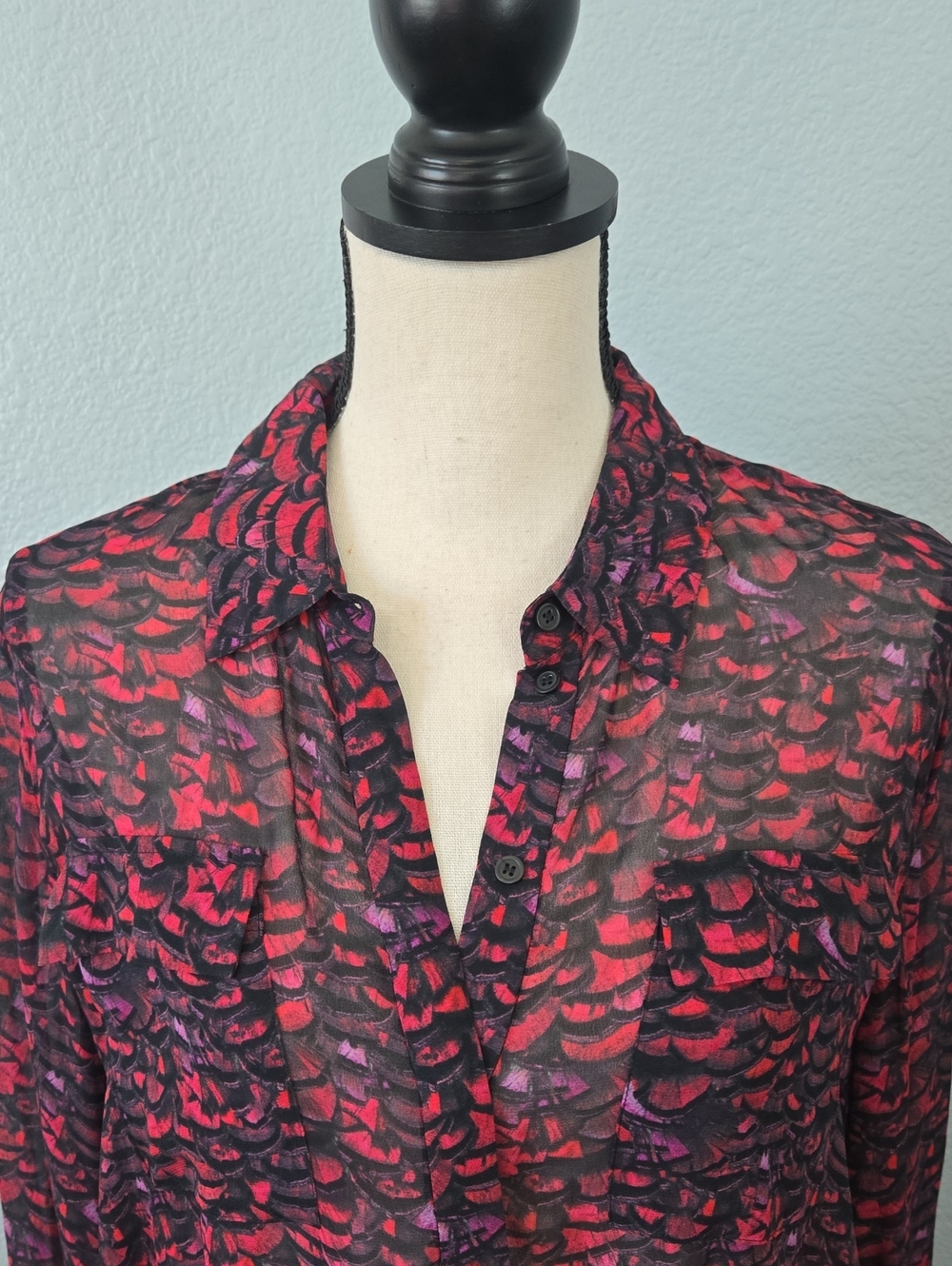 All Saints Adeliza Plume Blouse Jewel Tone Semi Sheer Feather Printed Sz Medium - Picture 4 of 16